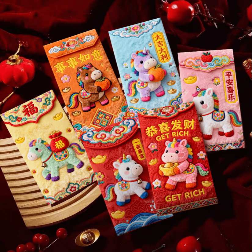 【卡通手绘福马萌马系列】平面刺绣风格卡通春节红包大号利是封红包