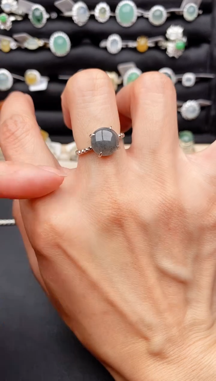 【闪购商品】翡翠戒指银S925镶嵌缅甸天然A货翡翠111   4-1