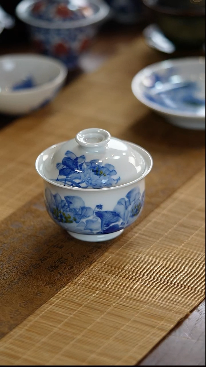 瓷片景德镇陶瓷茶器牡丹布袋盖碗