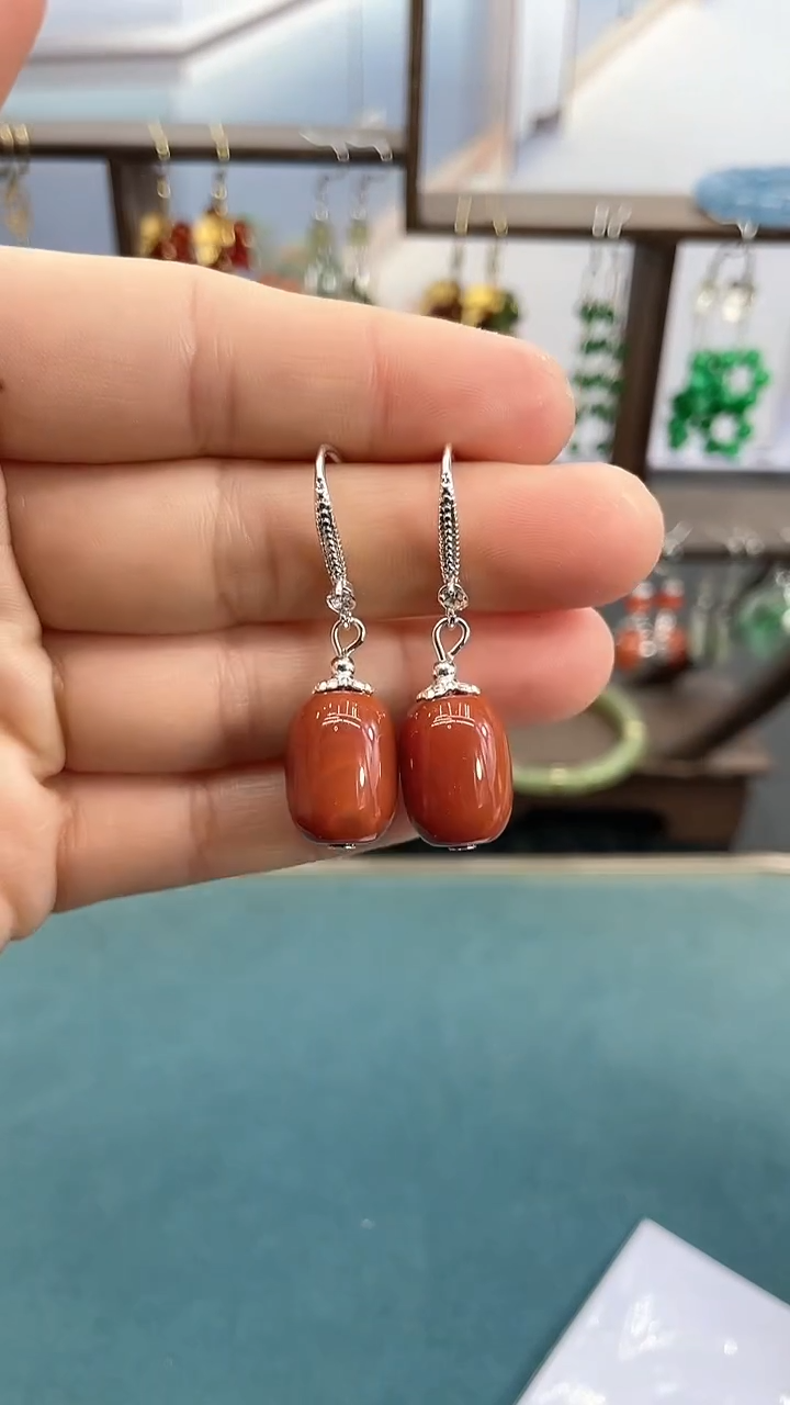 银S925镶嵌南红玛瑙耳饰南红路路通