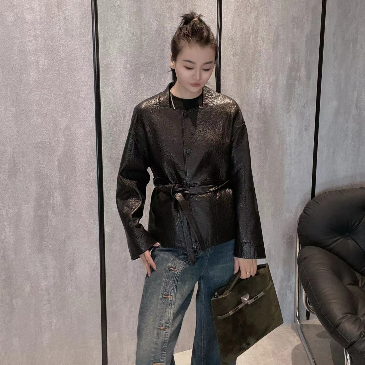 黑曜-提升气质款 新中式设计师时尚休闲百搭气质女款真皮皮衣外套