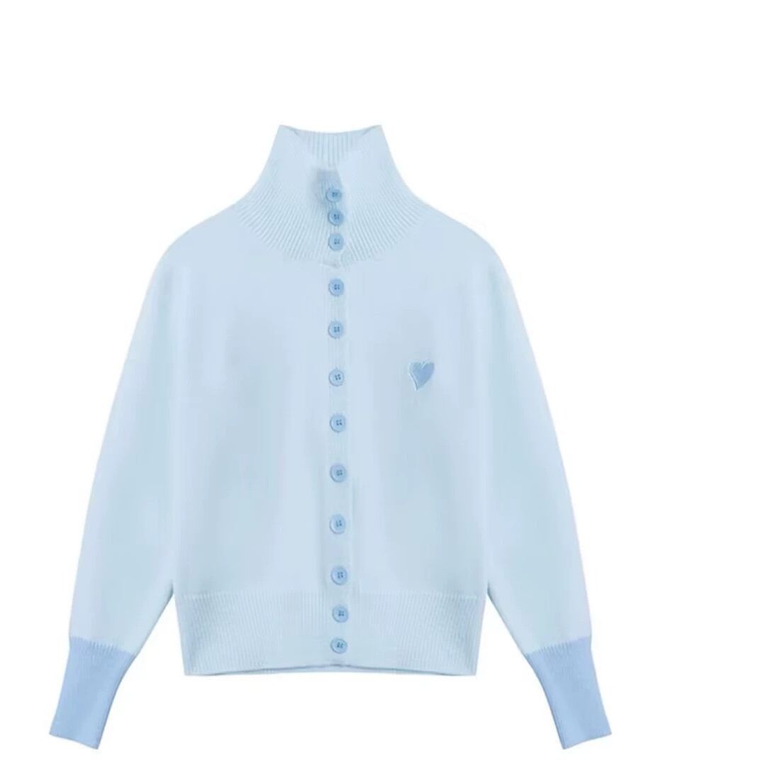 2025年新款法式小香风爱心印花立领毛衣外套女秋冬短款针织开衫