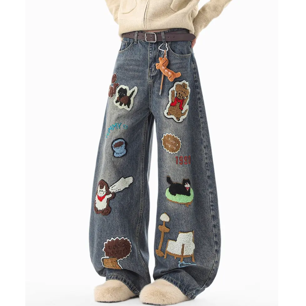美式卡通毛巾绣牛仔裤男冬季潮牌设计感阔腿裤子宽松百搭拖地长裤