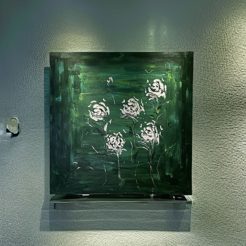 油画手绘《绿焰玫瑰》北欧玄关美式复古客厅背景墙装饰画工装装饰画