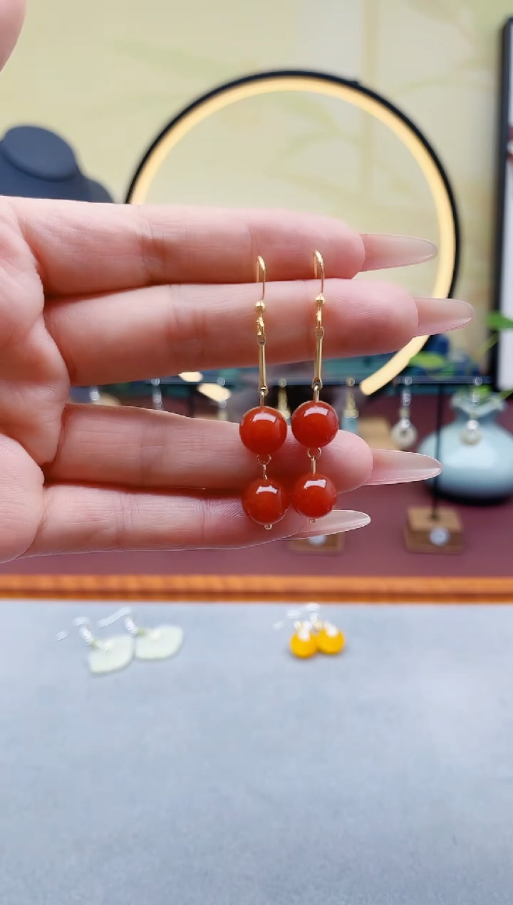 未镶嵌耳钉玛瑙/玉髓00红色2颗串串珠