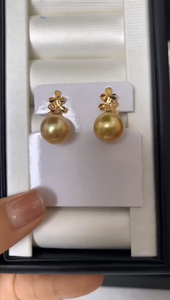 【闪购商品】海水珍珠耳饰18K金镶嵌南洋金珠耳环11-12mm