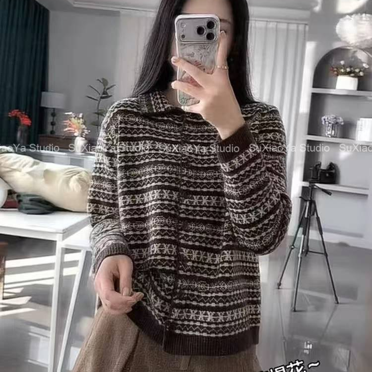 【美拉德复古费尔岛风】提花软糯针织开衫秋冬慵懒翻领毛衣高级感