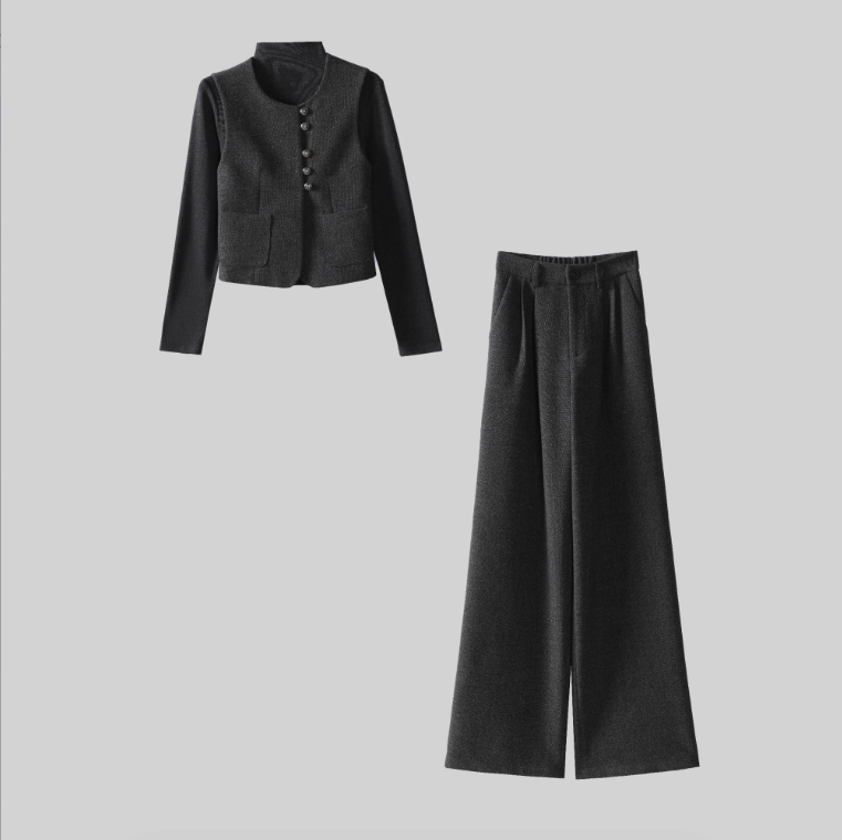 8806高级感小香风马甲套装女秋冬季胖mm显瘦欧货时尚阔腿裤三件套