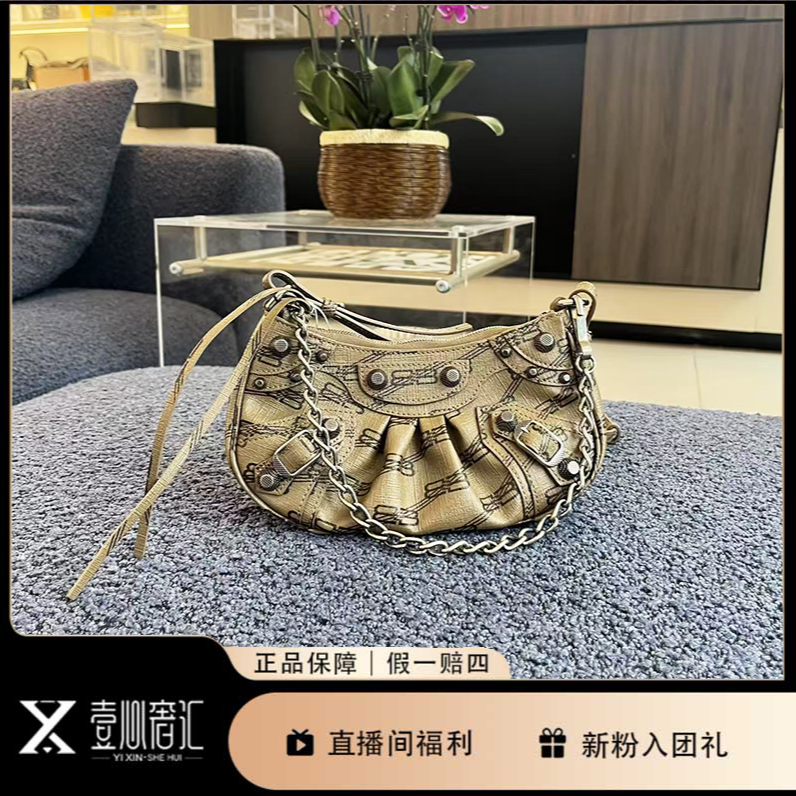99新 Balenciaga/巴黎世家 棕色hobo机车单肩斜挎包