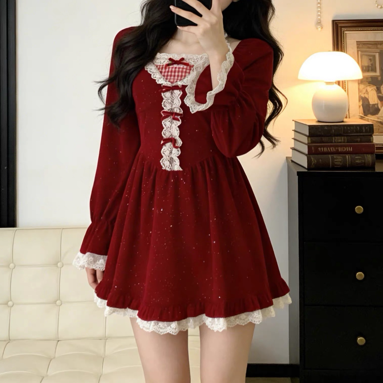 跨年战袍圣诞冬款复古蕾丝花边