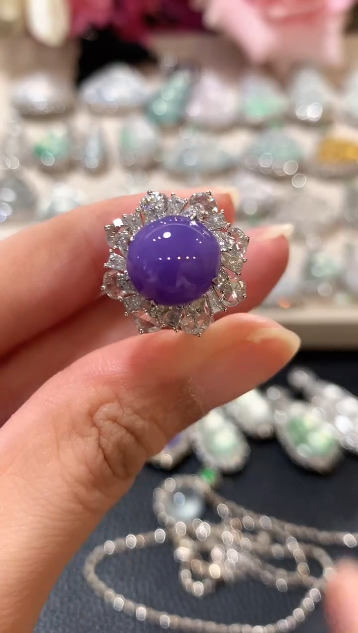 18K金镶嵌戒指翡翠杨**刀n64紫色有色差