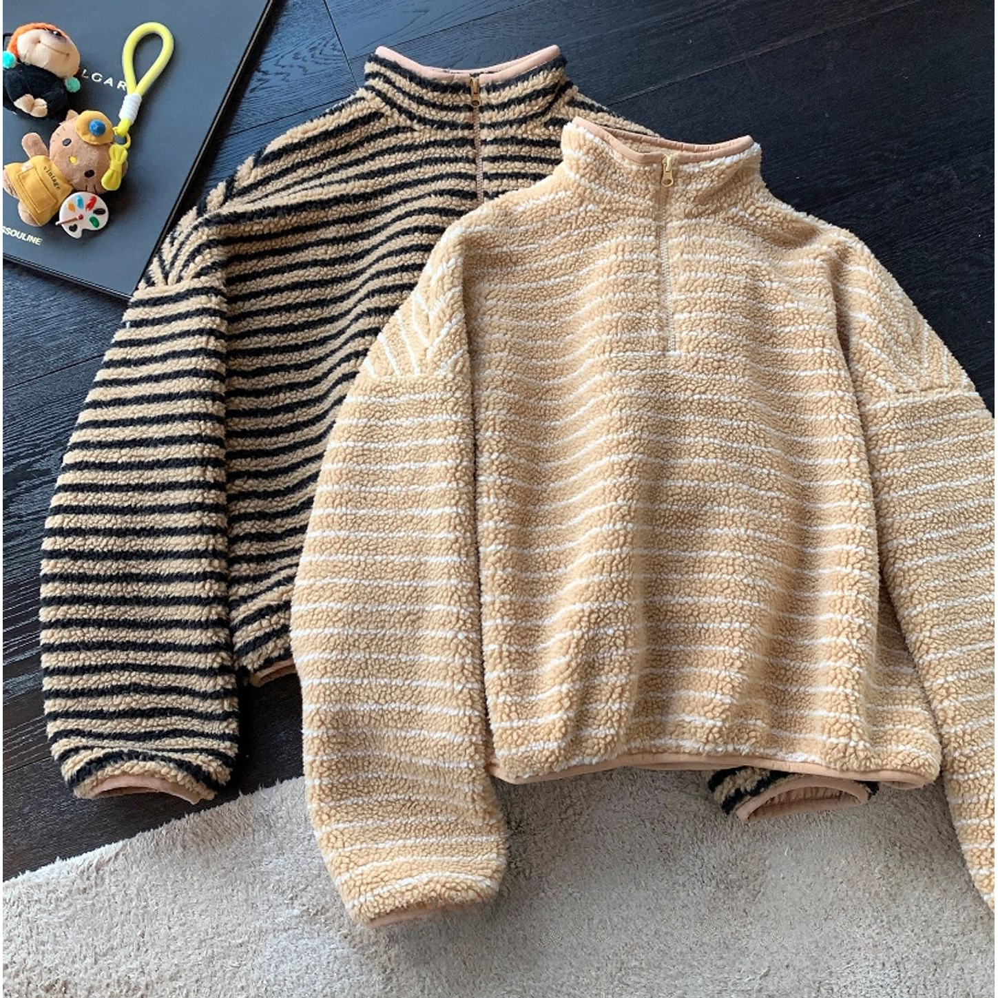 高端货~榛果条纹衫韩系慵懒风条纹主义复古休闲立领摇粒绒外套