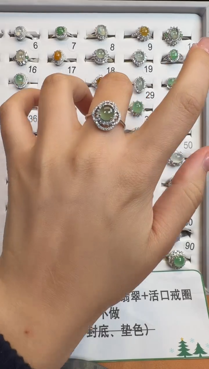 银S925镶嵌戒指翡翠925银镶A货翡翠戒指