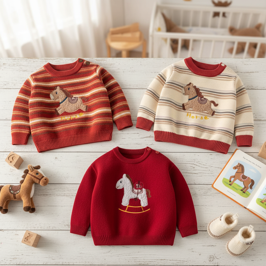 2026马年新年毛衣纯棉A类拜年毛衣宝宝圆领套头春秋时尚休闲毛衣