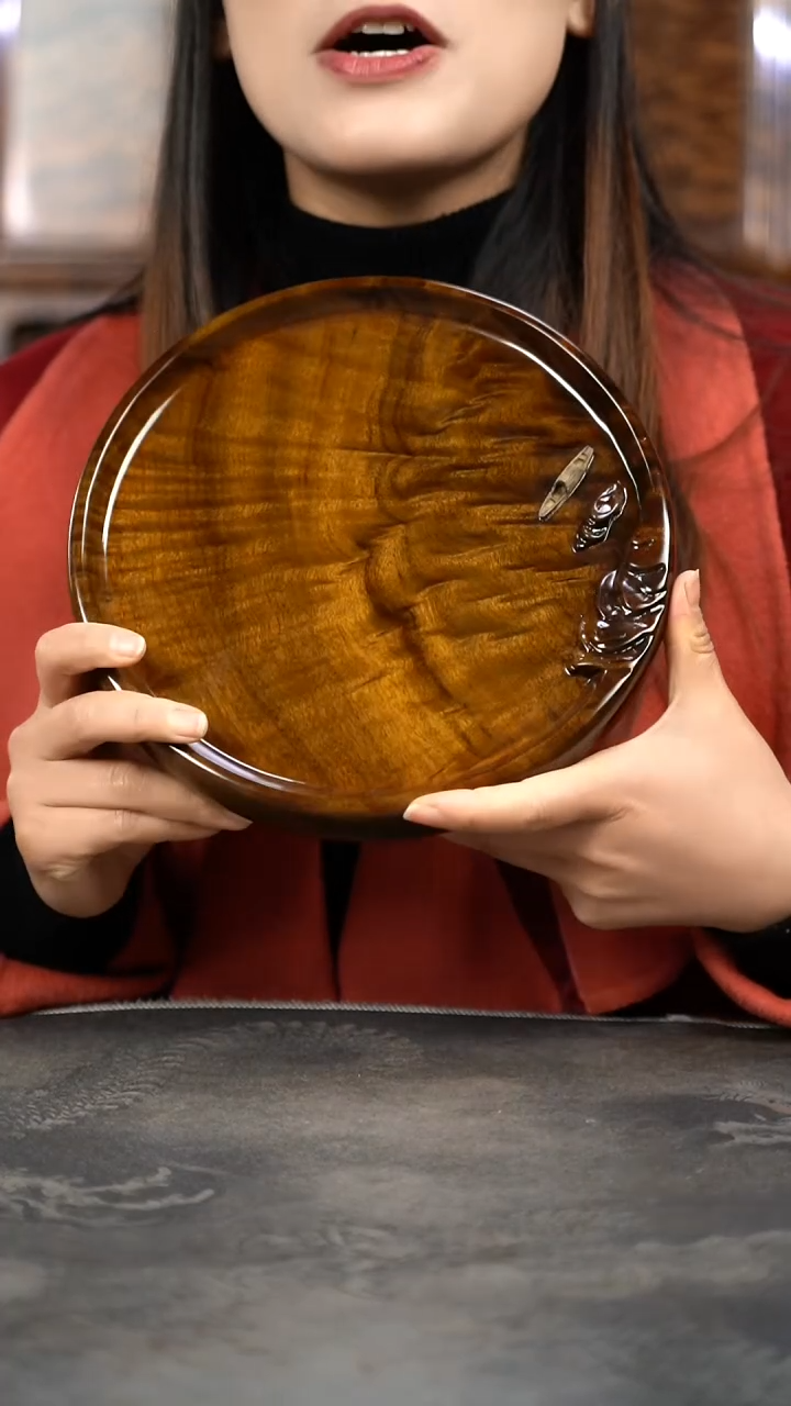 【闪购商品】金丝楠木艺云彩水波精工孤舟圆形小品茶盘365