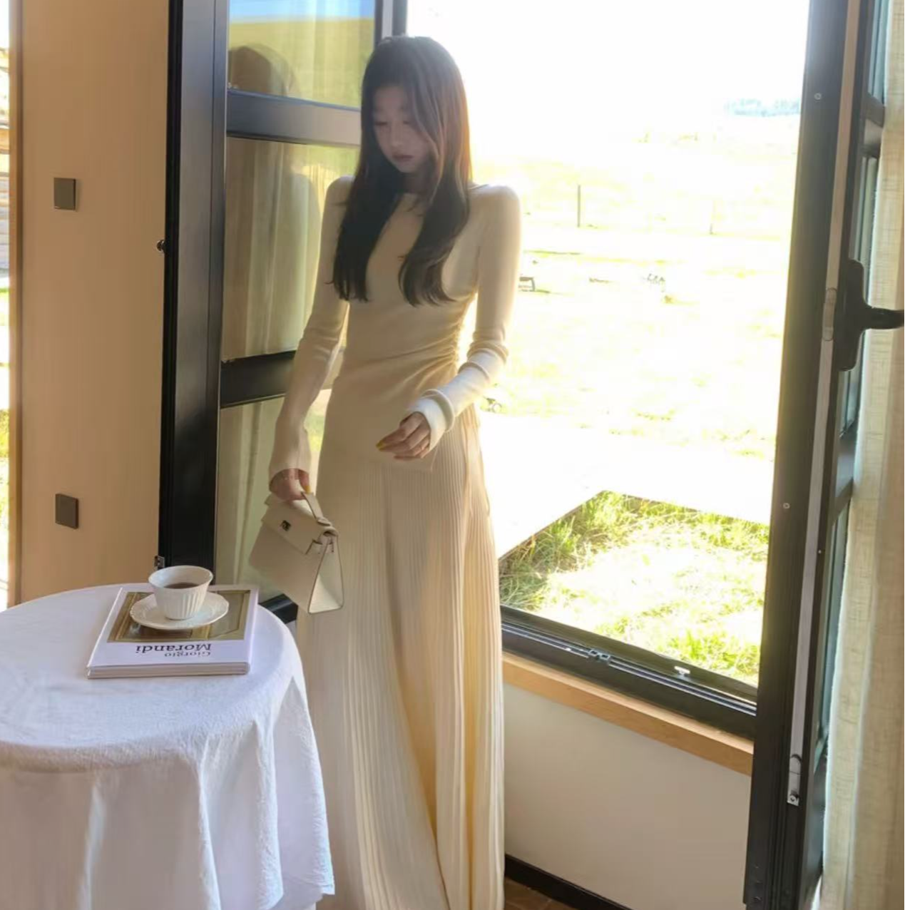 法式气质温柔风针织连衣裙子女秋冬季斜肩套装长裙7768