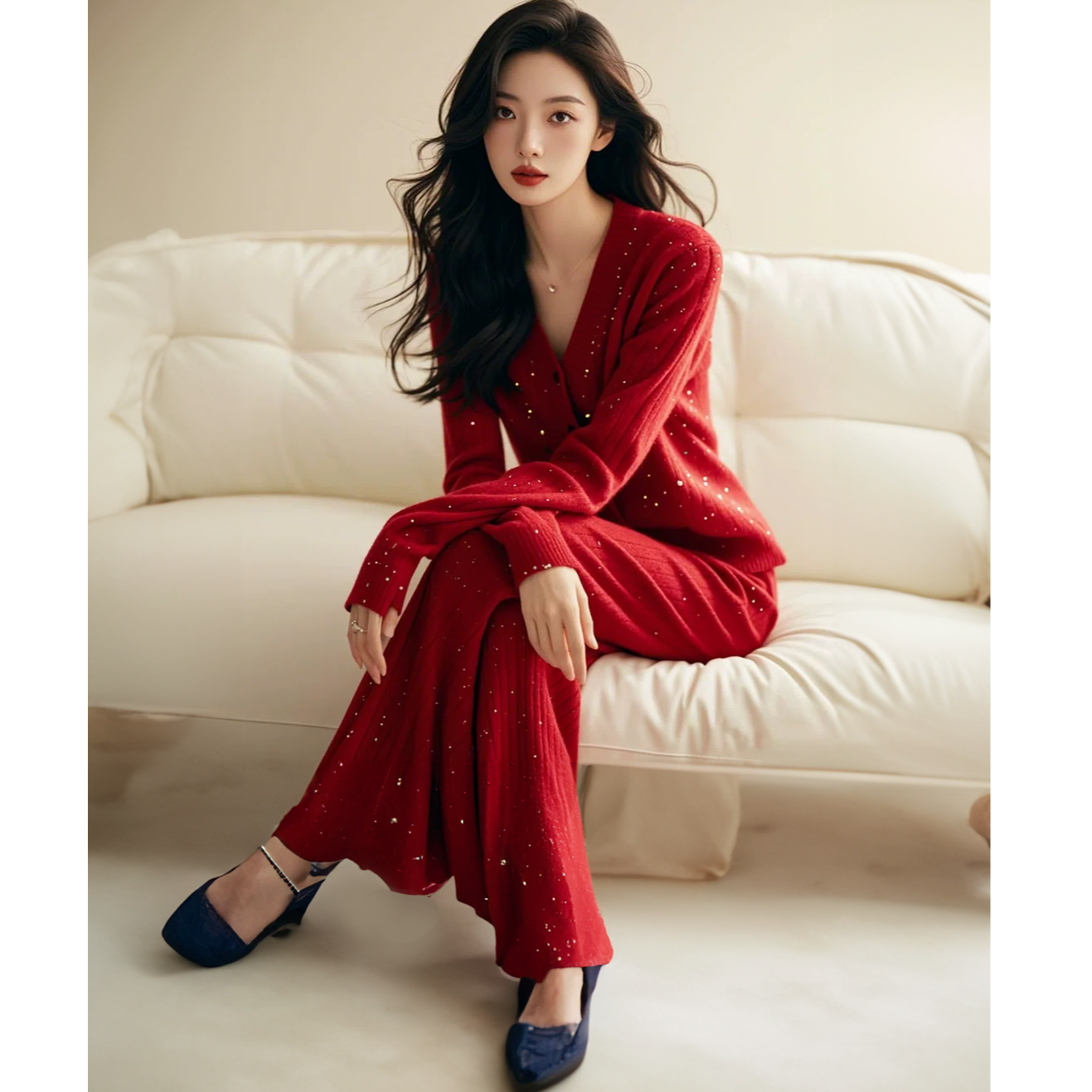 【AJO】秋冬气质穿搭红色小香风亮片针织衫裤子休闲运动贵气套装