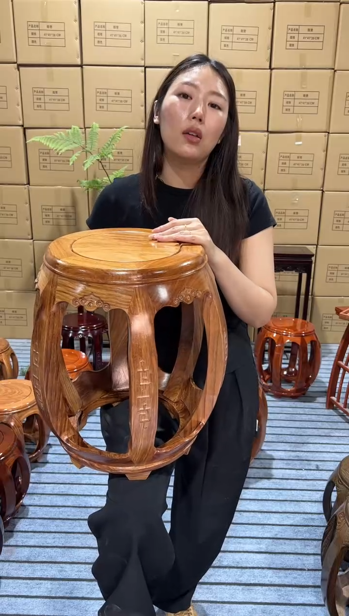 花梨木类家具亚花梨原木色雕花大号鼓凳