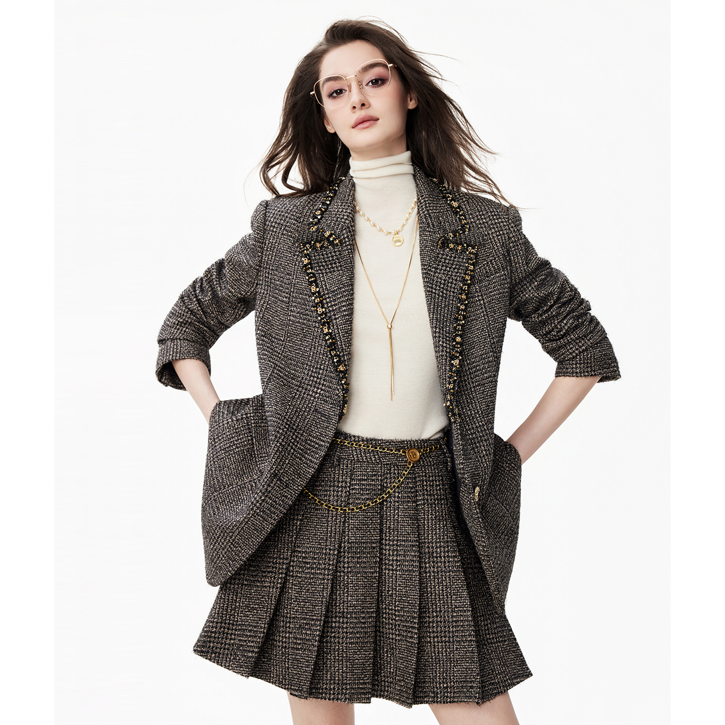 【七七专属】AUI摩卡棕格纹香风西装外套女冬高级感-25W100900