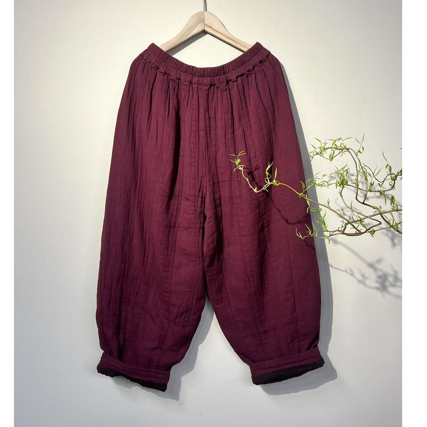 斜纹麻双层拼接南瓜裤