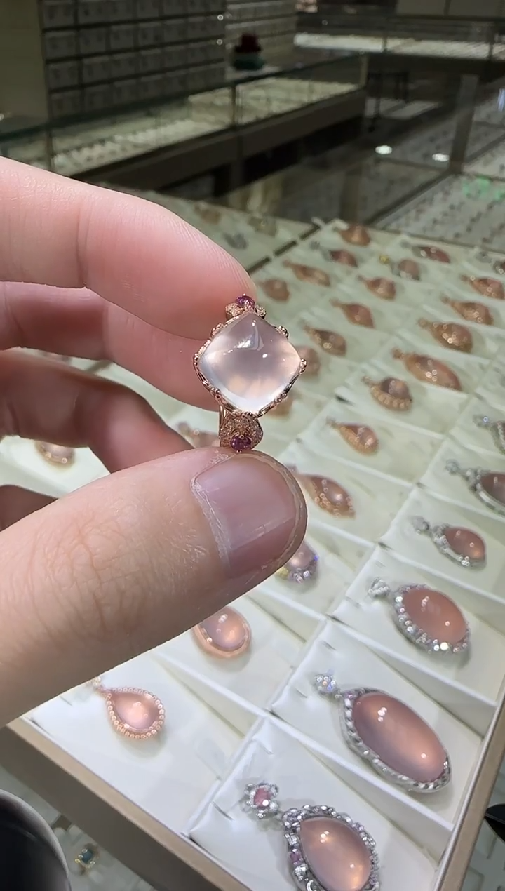 银S925镶嵌戒指芙蓉石10mm星光粉水晶糖塔