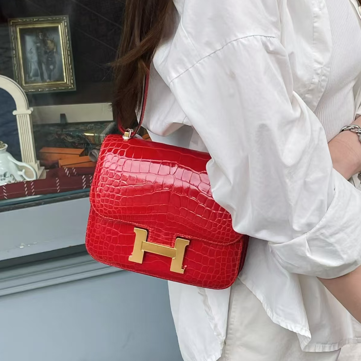 99新 Hermes/爱马仕 康康19 法拉利红 金扣 方框亮面鳄鱼 X刻袋证