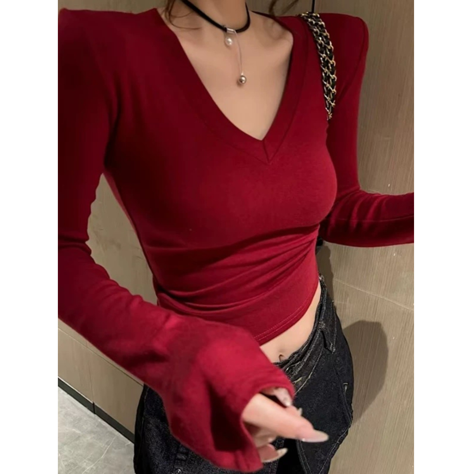 显瘦洋气V领早秋穿搭长袖T恤女2025秋季新款时尚设计感百搭上衣