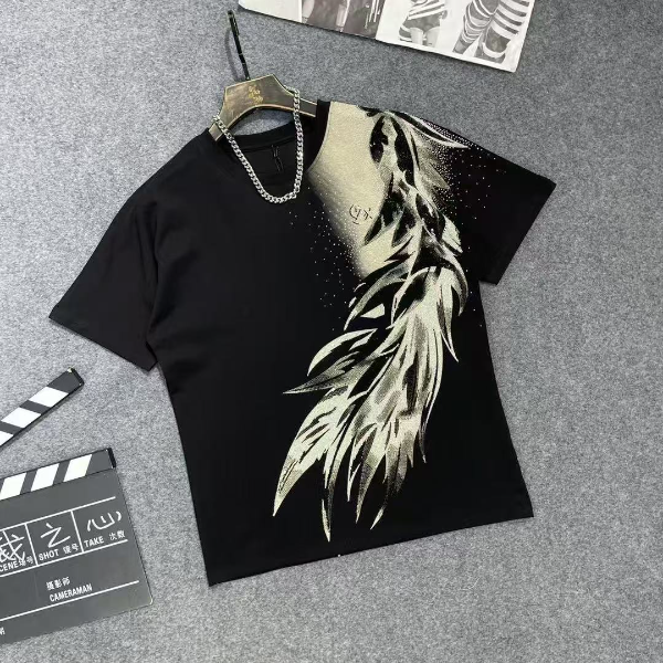 T恤侘寂风短袖半袖免烫时尚夏季圆领落肩袖烫钻潮流百搭个性轻奢