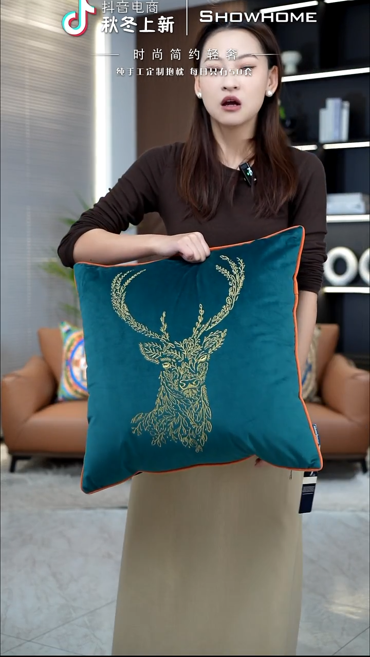 刺绣麋鹿蓝绿色50X50带芯