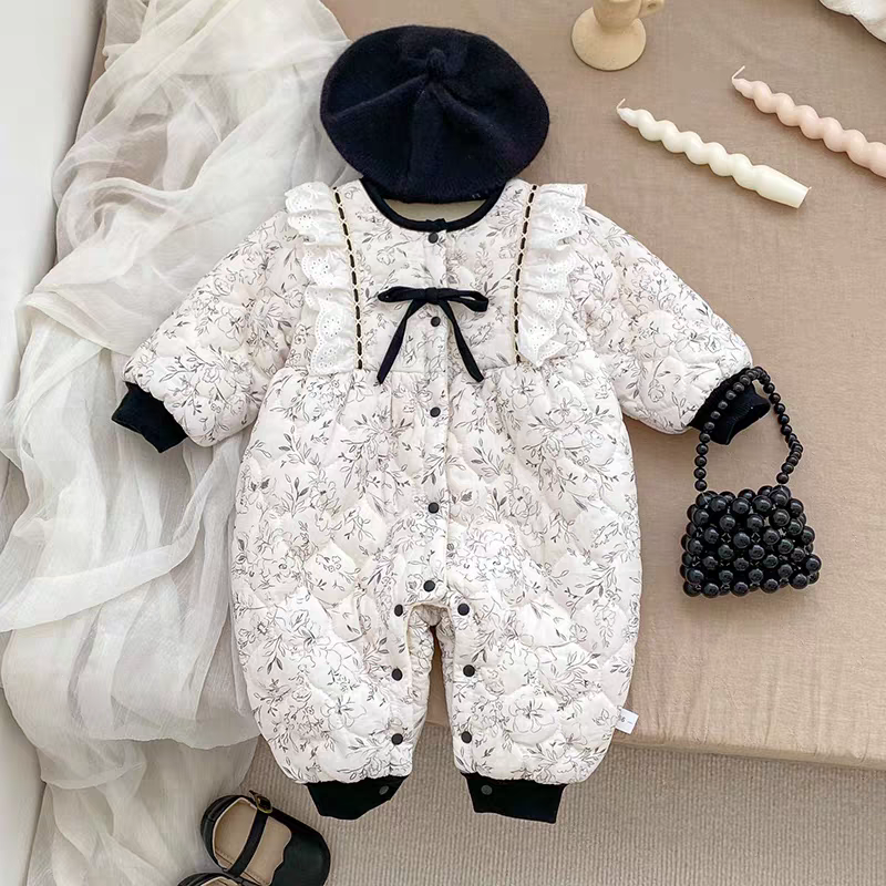 带帽子婴儿冬装夹棉加绒连体衣女宝宝保暖加厚棉服新生儿公主礼服