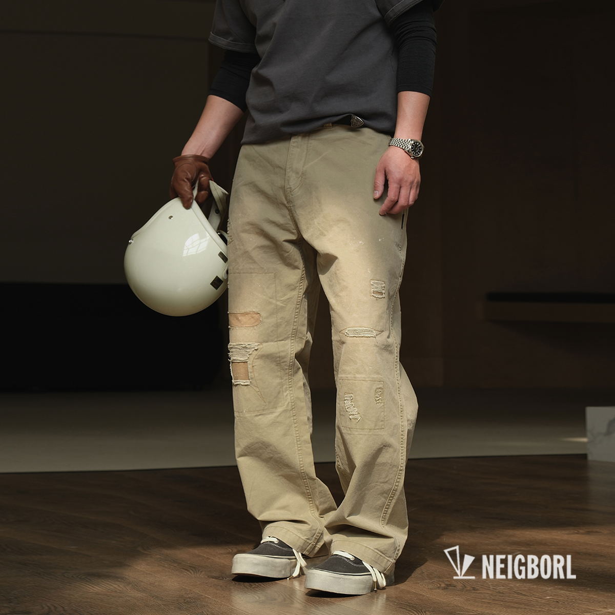 【界碑】NEIGBORL钊叔制重工水洗休闲复古日系补丁直筒裤做旧宽松