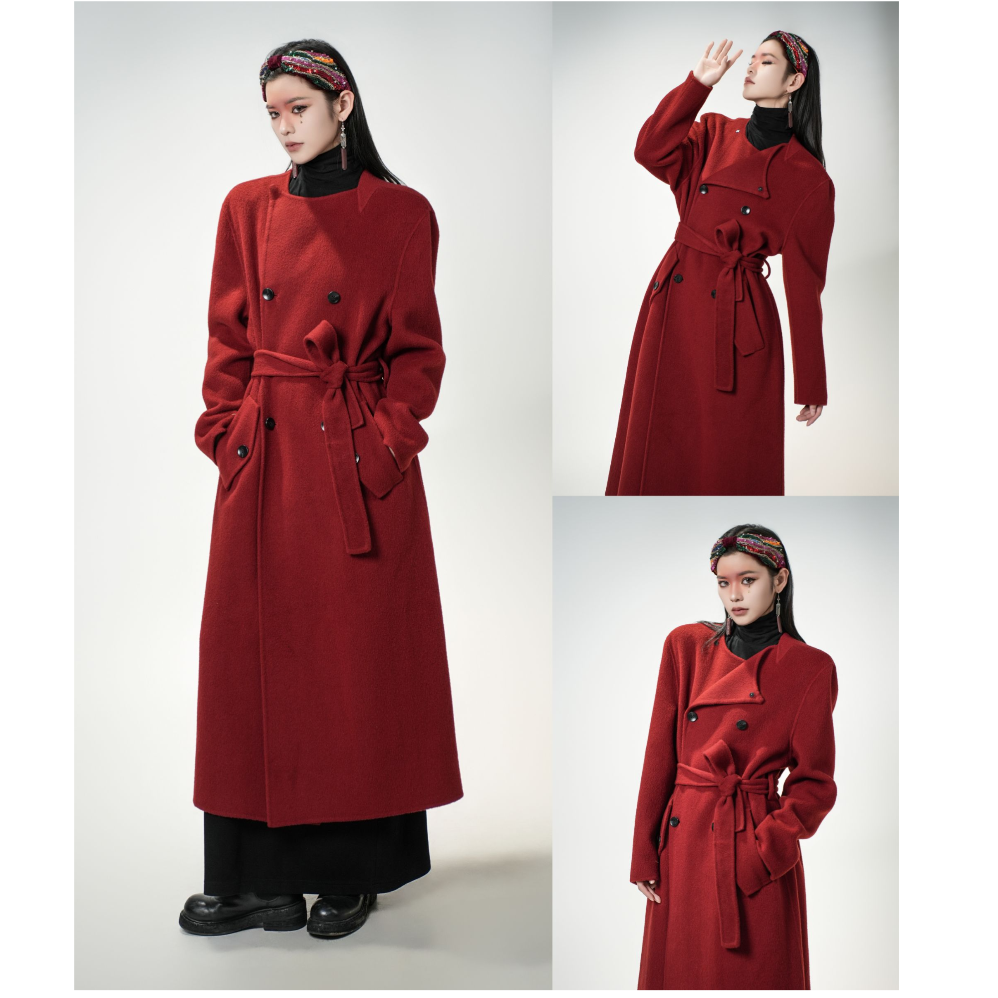 素白【女郎】SB2409MN00343高定蚕丝驼绒极简安可拉红双面呢大衣