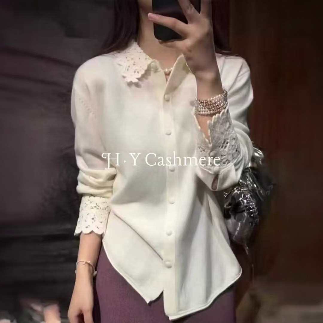 FAXIANG/法香翻领重工钩花山羊绒简约百搭高级时尚开衫