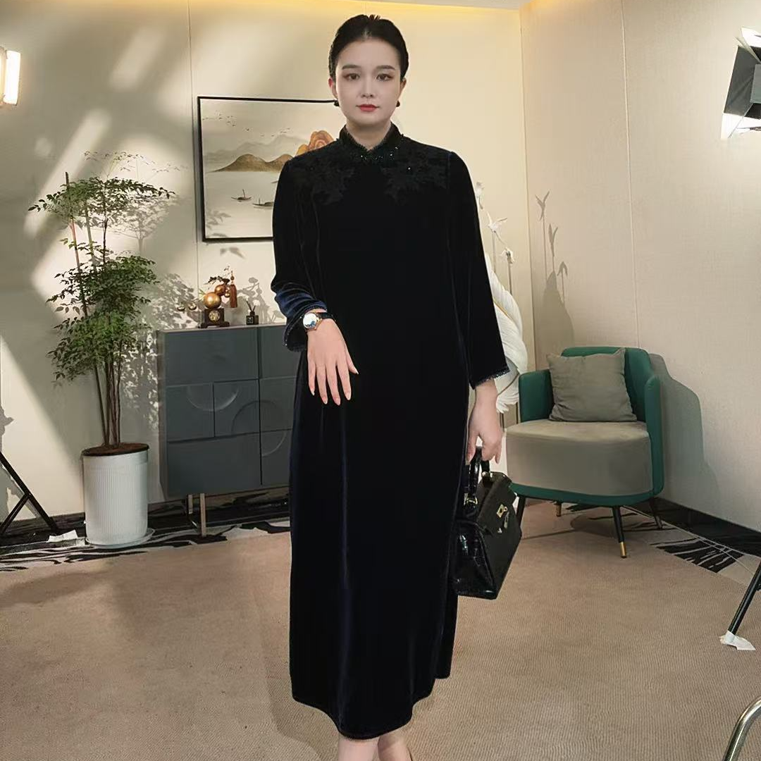 国风立领紫蓝色桑蚕丝丝绒连衣裙