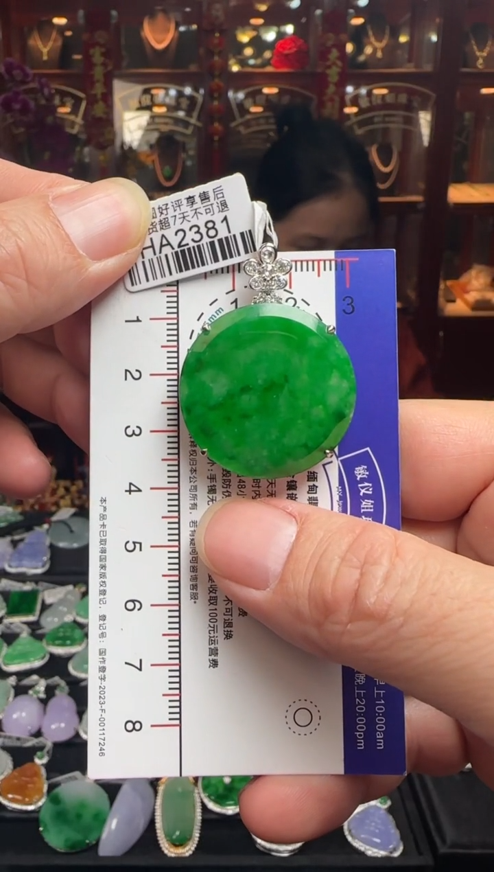 【闪购商品】翡翠颈饰18K金镶嵌HA2381 辣绿无事牌