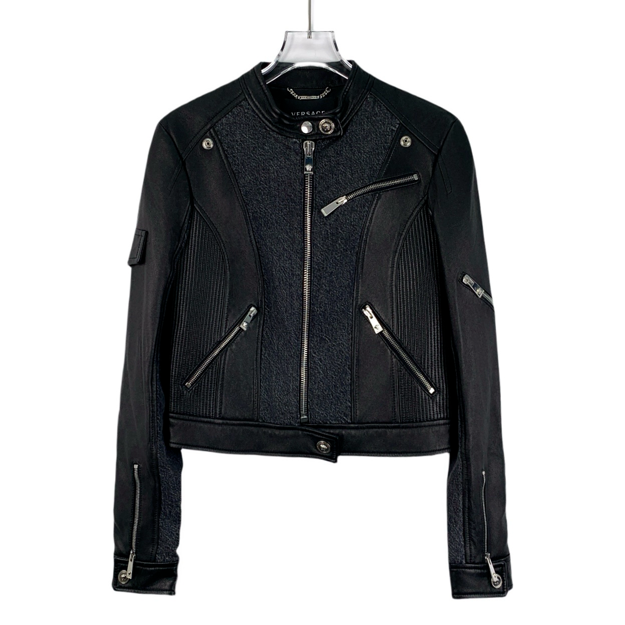 99新 VERSACE/范思哲 EW0150 黑色拼接皮衣夹克外套 40 M码 