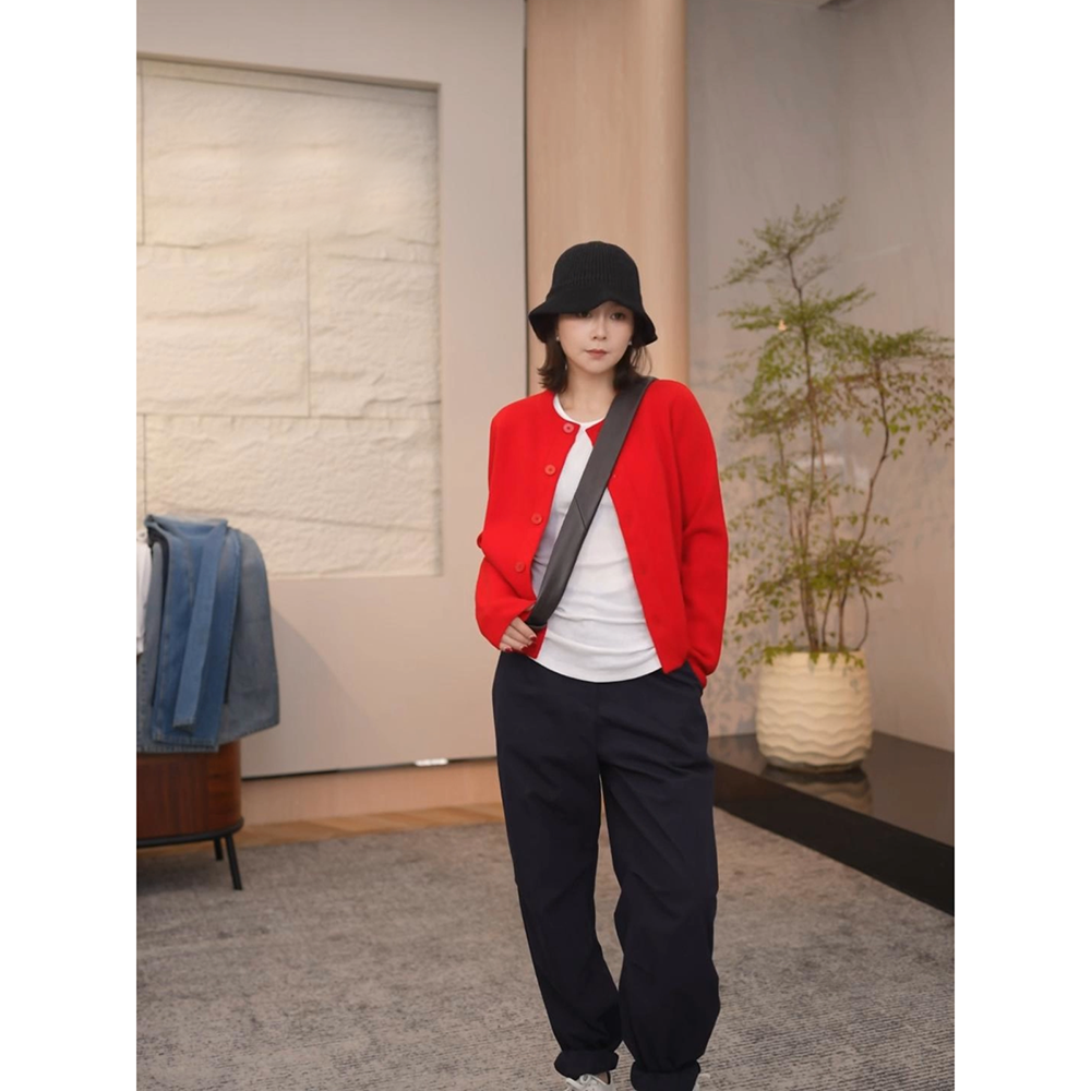 SHIIEELL【高智红】100绵羊毛红色毛针织衫简约休闲百搭短开衫Z492B