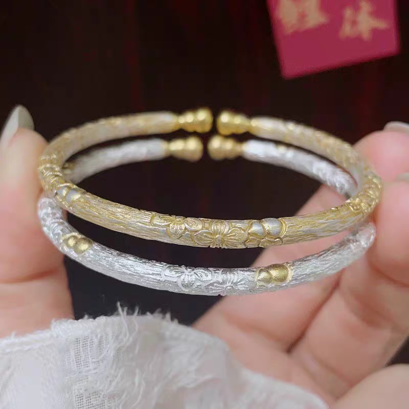 足银手镯 足银999.9樱花描金葫芦实心开口手镯国风新中式国风手镯