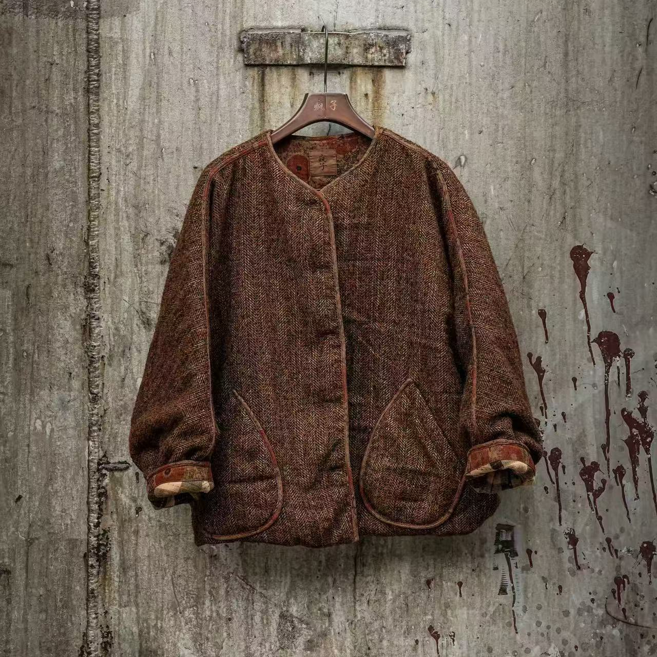 木木棉麻分享（疯子张）08399女士复古宽松百搭圆领单排暗扣棉服