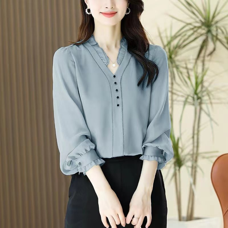 2026新款气质显瘦衬衫女高级感v领长袖套头衬衣减龄上衣