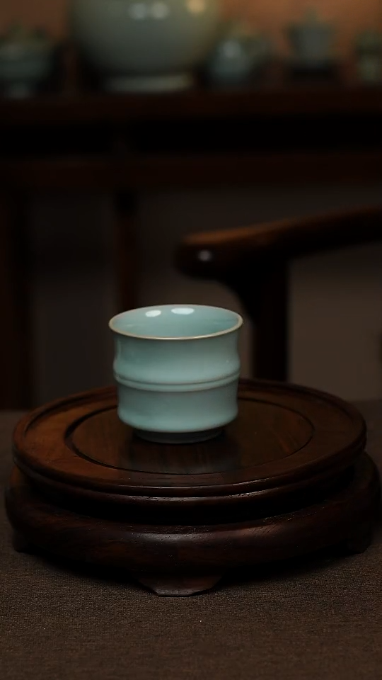 瓷片天青色全手工竹节杯100ml微瑕不带礼盒