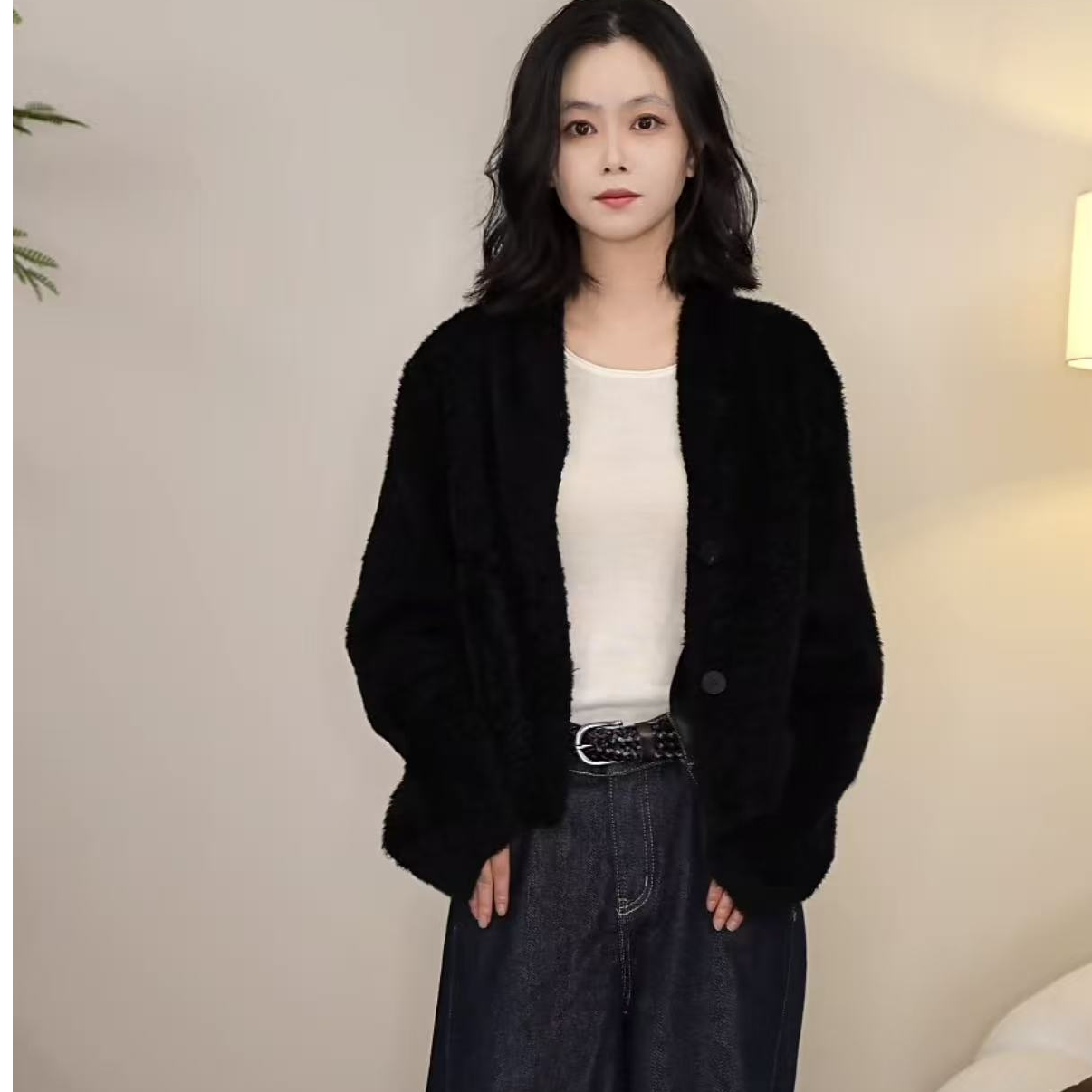 柏娜诺 (黑珍珠）法国阿尔卑斯超薄小拉贡羊皮羊毛一体秋冬外套