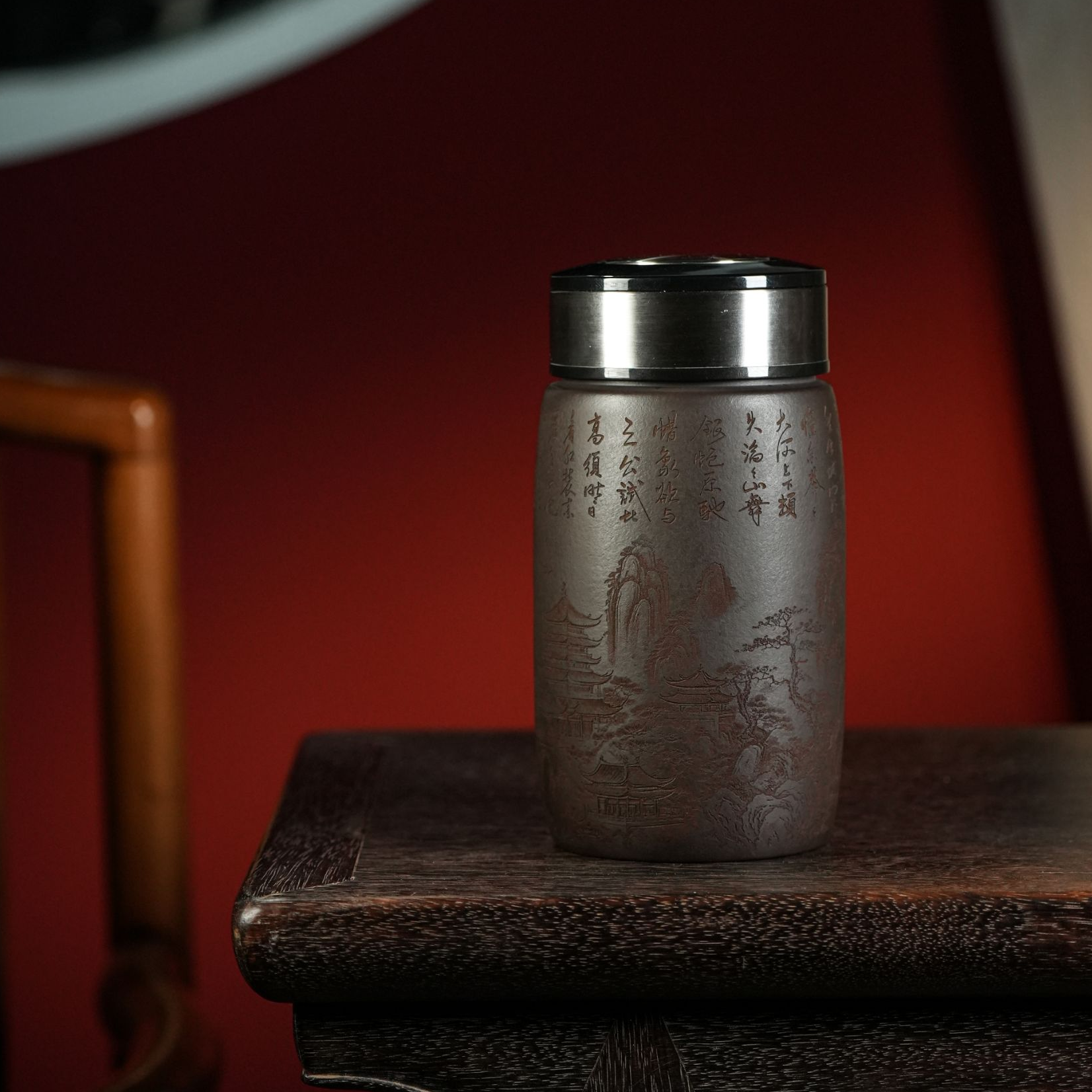 （微瑕）宜兴原矿紫砂石黄刻字山水茶水分离双层随身杯家用办公茶具