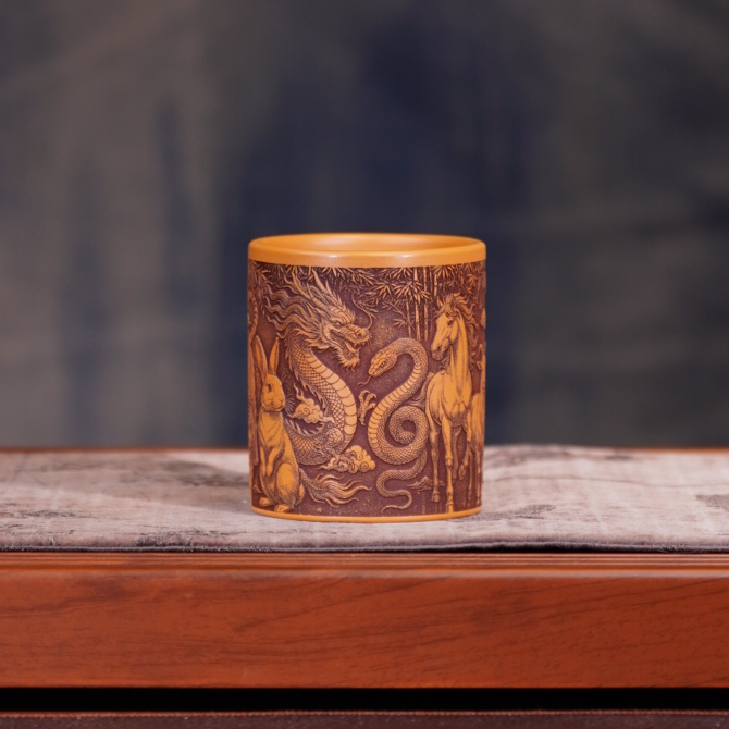 宜兴全手工原矿正宗茶具黄金朱泥刻绘十二生肖精致直筒精品紫砂杯