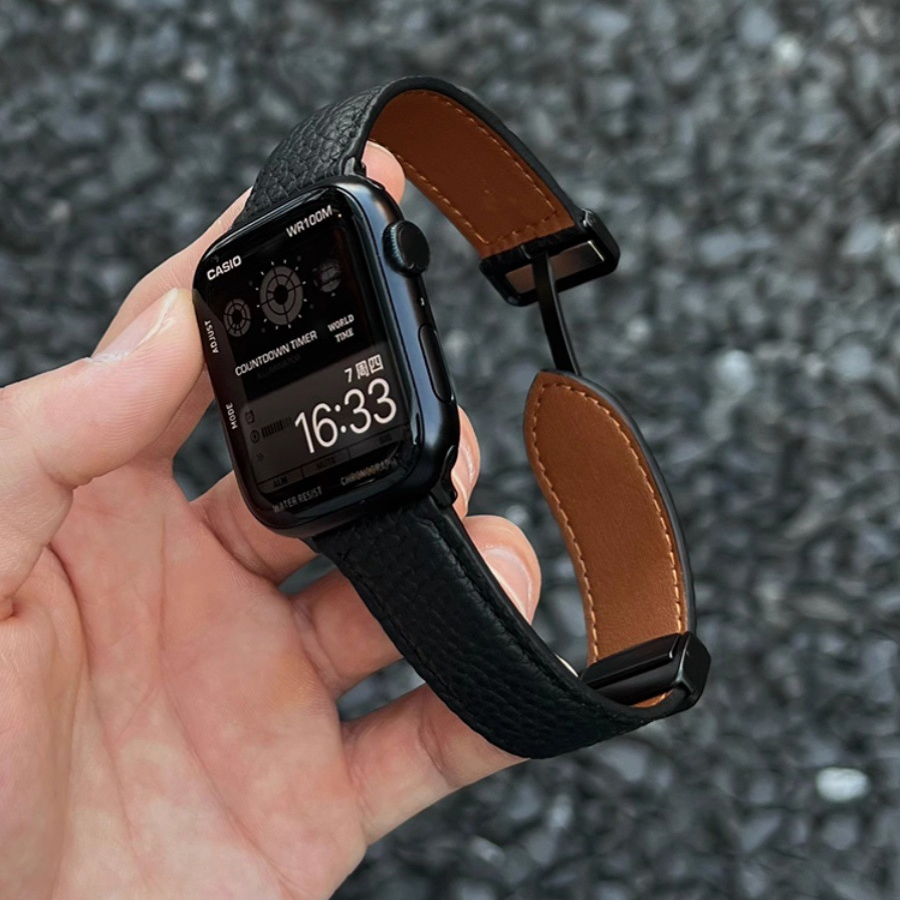 适用苹果手表带iwatch s11/10/9/8荔枝纹真皮applewatch磁吸ultra