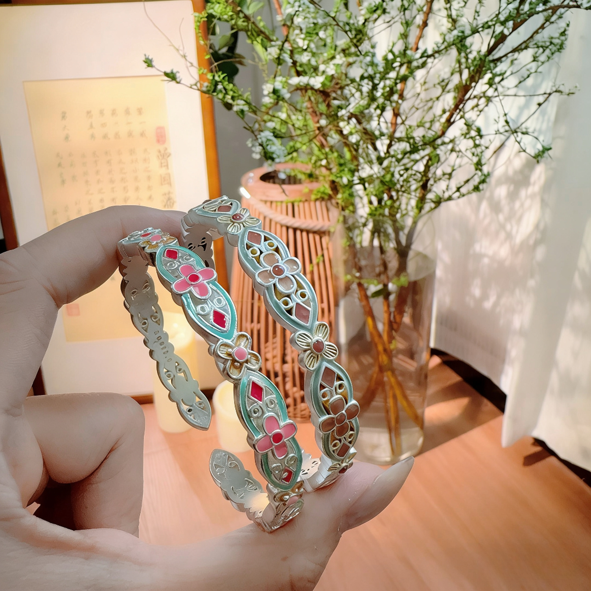 足银珐琅手镯 【银川银楼】15足银999.9珐琅新中式宫廷复古开口描金