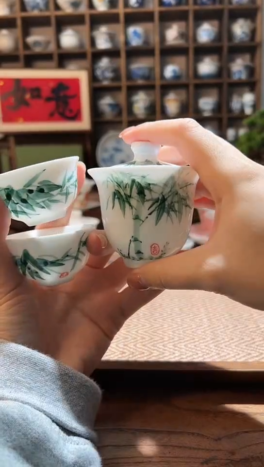 【闪购商品】翠竹美人肩盖碗+2个客杯