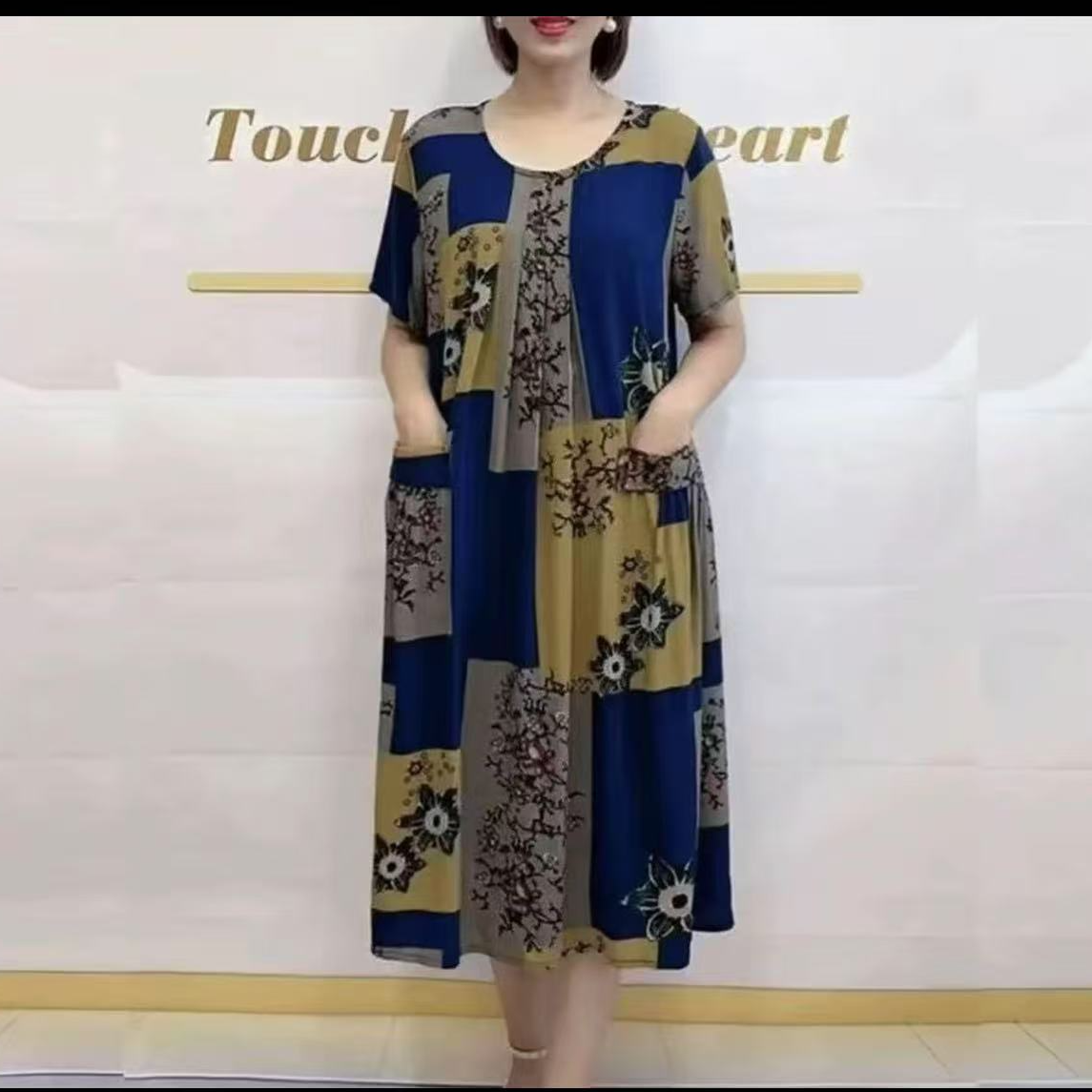 新款短袖方格双兜大版夏天连衣裙50到60岁高档女装老年人裙子妈妈