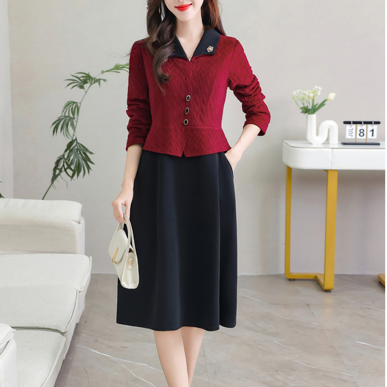 Y1063翻领假两件长袖连衣裙时尚春装新款大摆收腰遮肚子中长裙子