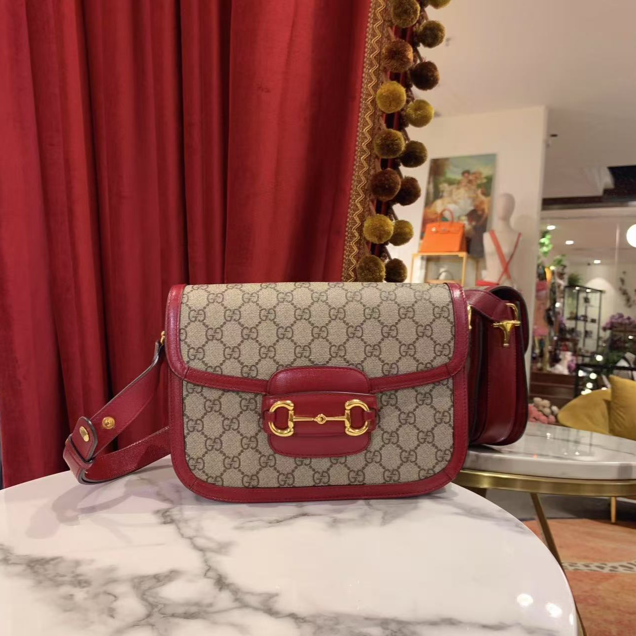 95新 GUCCI/古驰 GGS古驰1955小号红色拼老花金扣单肩包 21833792